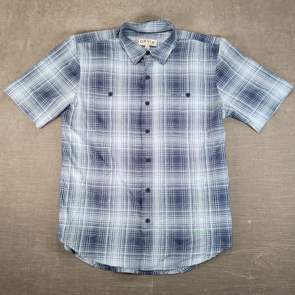Orvis Button Down Shirt Mens Medium Blue Plaid Short Sleeve Classic Collection